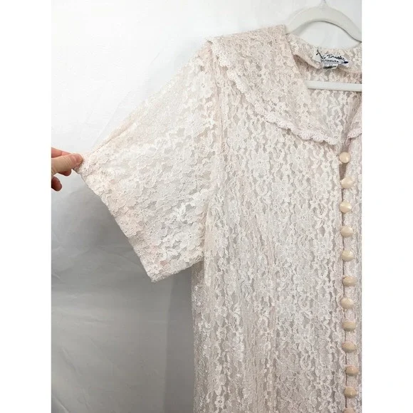 Vintage Pink Sheer Lace Dress Floral Maxi Robe Button 22 Fairy Dainty Romantic - Picture 3 of 10